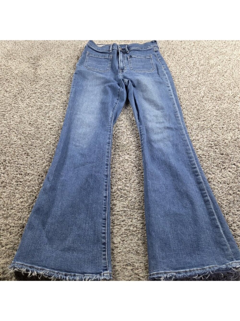 Gap Jeans Women 8 Blue Flare High Rise Medium Wash Front Pocket Denim Frayed